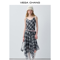 Robe midi en mousseline de soie à carreaux noirs et blancs VEGA CHANG pour femmes, avec col en V et ourlet asymétrique, robe décontractée en mousseline de soie, vente en gros