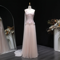 Vestido de Noche Elegante Lsz285 en Color Rosa Pálido, de Chifón, con un Hombro Descubierto, Adornado con Cuentas Hechas a Mano y Flores 3D, para Bodas y Fiestas, Marca Jancember