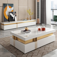 Ensemble de table basse et meuble TV convertible moderne de luxe avec plateau en acier inoxydable et ardoise pour salon, villa, maison