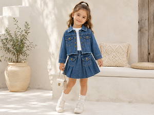 Giacca di jeans vintage da ragazza 2026, stile retrò con colletto a risvolto, maniche lunghe, giacca corta in denim, capospalla casual blu per bambini, moda boutique - Product Image 2
