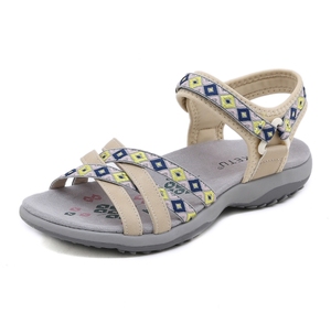 Sandales décontractées d'été pour <span class=keywords><strong>femme</strong></span>, à bout ouvert, avec logo personnalisé, sangles mixtes tissées et fermeture Velcro, couleur beige-gris, semelle ondulée profilée, pour activités de plein air - Product Image 1