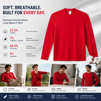 T-shirt à manches longues en coton 27,5 %, lyocell 7 %, polyester 60,5 %, élasthanne 5 %, rouge uni, logo personnalisé, col rond pour homme, sweat-shirt 260 GSM
