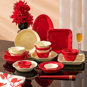 Nouvel ensemble de vaisselle en céramique 36 pièces tendance 2026, glaçure réactive rouge et crème, pour la maison, l'hôtel, le restaurant, <span class=keywords><strong>cadeau</strong></span> de mariage - Product Image 3
