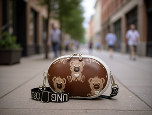 Borsa a Tracolla Ovale Rigida con Stampa Orso e Logo, Borsa Hobo da Donna per Tutte le Stagioni in Materiale PP con Chiusura a Cerniera - Product Image 2
