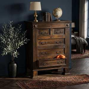 Commode traditionnelle en chêne massif, style mid-century modern, fabriquée à la main, 5 tiroirs, meuble de rangement autoportant pour chambre à coucher - Product Image 4