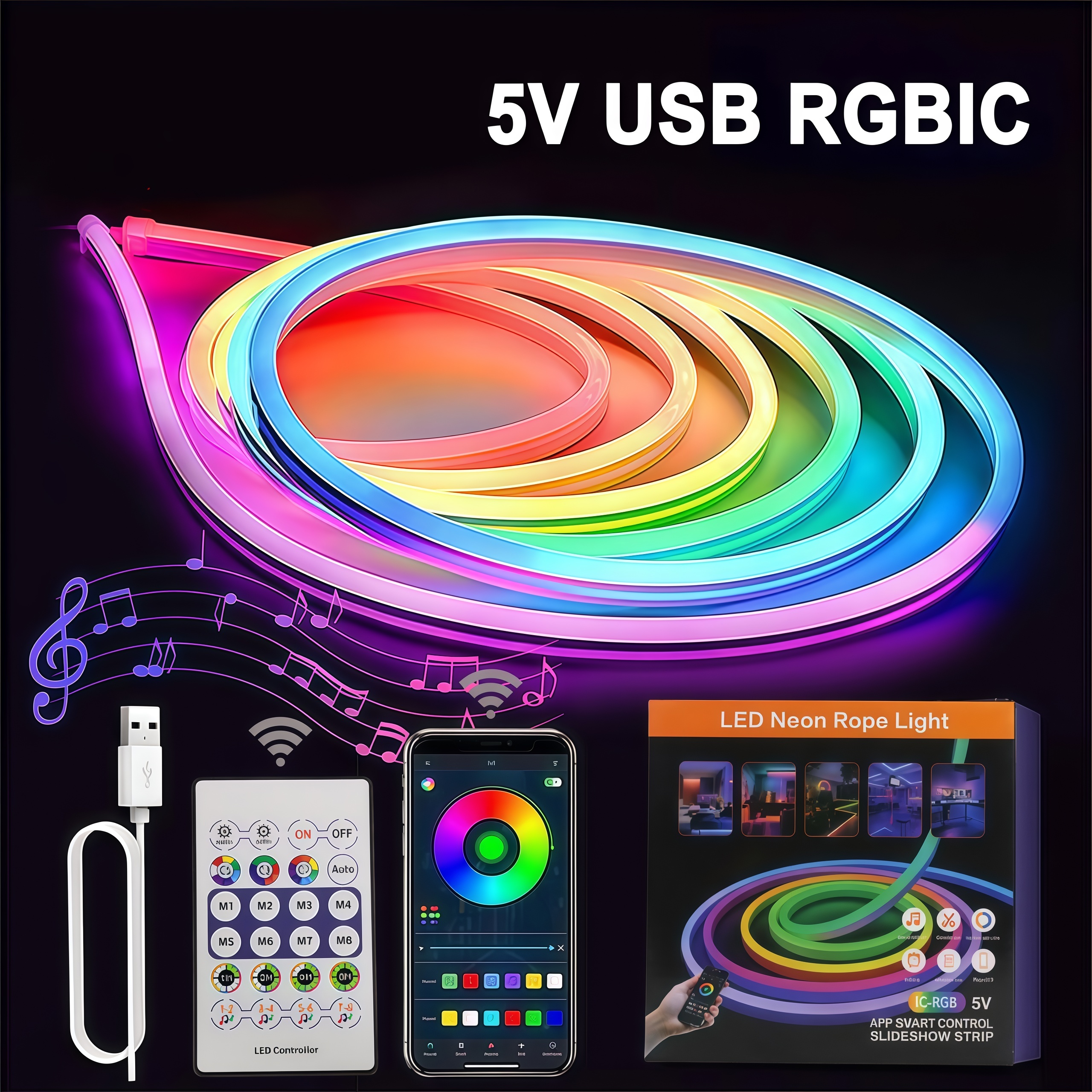 LED RGBIC Neon 3m/Roll 5m/Roll Flexible Tape Light USB App/Remote Control Sync with Music Cuttable Easy Installation
