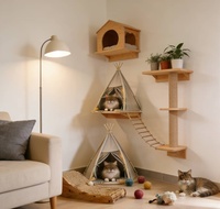 Arbre à chat mural en bois classique moderne avec étagères et hamac pour chats d'intérieur Édition Halloween