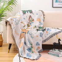 Plaid d'intérieur écologique toutes saisons, motif floral papillon nordique, jacquard turquoise, tissé, pour la relaxation, à franges botaniques