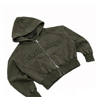 Vente en gros Sweat à capuche zippé personnalisé pour homme, automne, olive, tricoté, lettres en relief, coupe droite ample, épais, 100% coton, streetwear