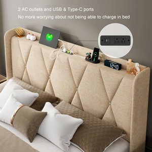 Factory Wholesale Double <strong>Bed</strong> Frame with 4 <strong>Storage</strong> Drawers <strong>Padded</strong> Buttons Fleece 4-inch <strong>Storage</strong> Headboard Beige for Easy Assembly - Product Image 5