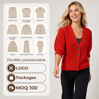 Cardigan court pour femme personnalisé, rouge vif, en tricot épais, à manches mi-longues, col en V, boutonné sur le devant, avec boutons écaille de tortue