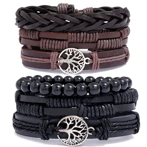 Tejido a mano brazalete de cuero de envío de 3 unids/set trenzado Wrap pulsera Árbol de la vida encanto pulseras de hombre