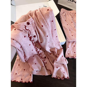 Set di pantaloni lunghi a manica lunga da <span class=keywords><strong>donna</strong></span> con <span class=keywords><strong>pigiama</strong></span> in <span class=keywords><strong>cotone</strong></span> lavorato a maglia con stampa cuore dolce - Product Image 2