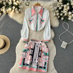 봄 여름 새로운 프랑스어 빈티지 인쇄 정장 여성 긴팔 셔츠 꽉 짧은 스커트 두 조각 세트