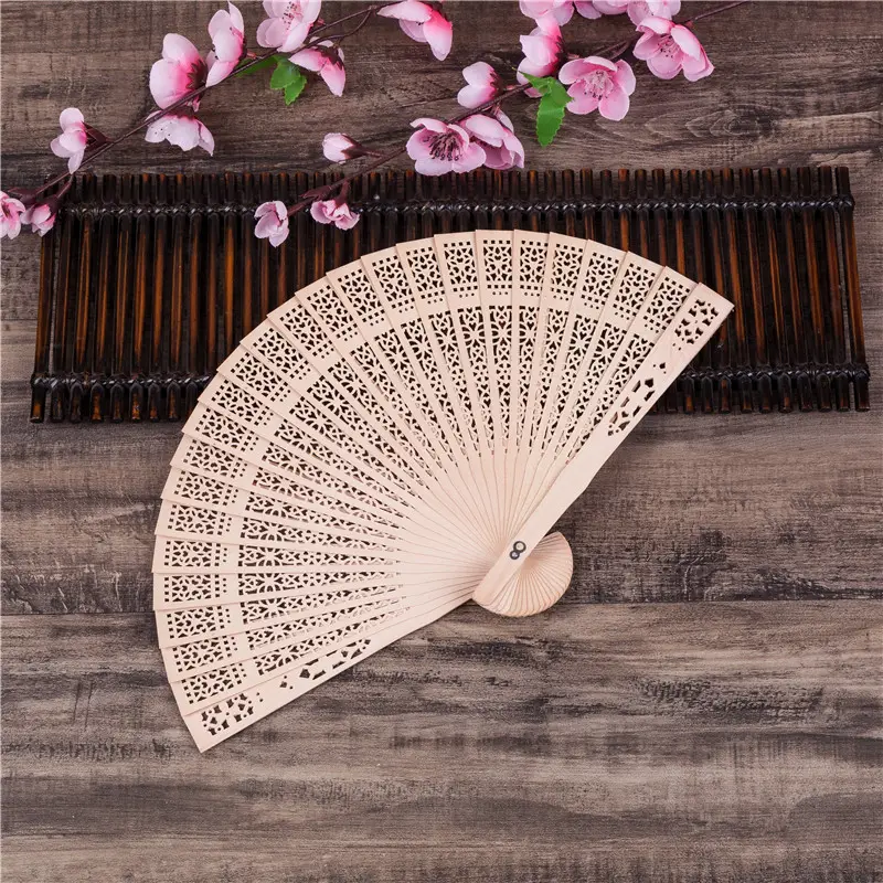 Chinese Hand-held Carved Wooden Fold Fan Scented Hallow Bamboo Fan Wedding Bridal Party Decoration Handcraft