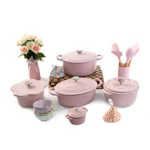 Mcooker-ollas y sartenes de hierro fundido para cocina, nuevo diseño, esmaltado, color rosa, otros juegos de utensilios de cocina