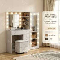 Ensemble table de maquillage moderne en MDF rose coiffeuse à 13 tiroirs miroir sur pied éclairé par LED pour la chambre à coucher et le salon