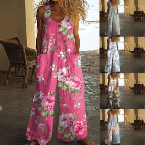 Combinaison ample sans manches à imprimé floral pour femme avec poches, salopette longue décontractée pour femme SMLXLXXLXXXL - Product Image 1