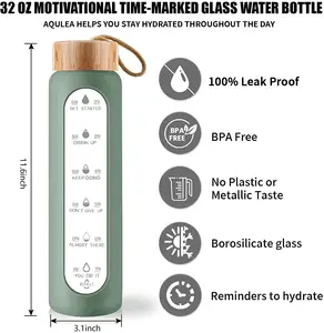1L sıcak spor şişe bambu kapak silikon kol borosilikat cam su şişesi ile zaman işaretleyici ve çay süzgeci