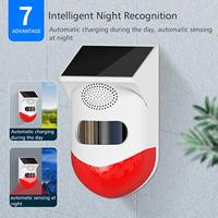 Sensor Gerak Inframerah Nirkabel Tenaga Surya 433MHz Detektor Siren Strobo Alarm 120dB IP65 Plastik PIR