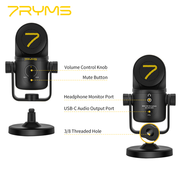 7Ryms SR-USB MINI 24-bit 48kHz Cardioid Condenser USB Microphone 16mm Capsule Professional Studio Desktop Use Wired Metal 96dB
