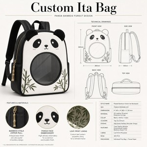 Sac à dos Ita personnalisé en PU, motif <span class=keywords><strong>panda</strong></span> mignon et forêt de bambou, avec oreilles 3D noires et duveteuses, broderie de bambou vert et doublure imprimée feuilles, sac à dos de jour - Product Image 1