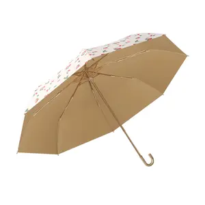 Payung gagang kait emas 8 tulang, payung mewah dengan lem warna, payung lipat tiga tipe kustom untuk pelindung matahari