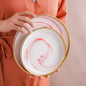 大理石粉色系列盘子碗套圆形餐具套装晚餐甜点汤盘餐刀叉勺餐具套装