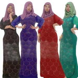 2022 New Design Dubai Maxi Elegant Rhinestones Shell Short See-through Sleeve Sequin Abaya Long Dresses Islamic Clothing