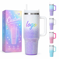 Gobelet isotherme en acier inoxydable de 40 oz, personnalisé en gros, avec strass et diamants, pour boissons chaudes et froides, avec paille et poignée, cadeau pour femme