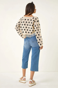 Women's Casual <strong>Cropped</strong> Long Sleeve Crewneck Soft Pullover Sweater Top Solid Color Stone Dusk with <strong>Crochet</strong> Tassel Hem <strong>Jumper</strong> - Product Image 3