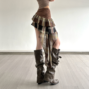 Mini-jupe à nouer en patchwork à carreaux pour femmes, taille haute, asymétrique, à couches, style rétro européen - Product Image 5