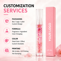 Huile à lèvres hydratante à pétales de fleurs RTS 5ml, brillance transparente changeante de couleur, 10 styles, faible MOQ 2 pièces, vente en gros, logo personnalisé