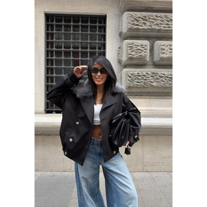 Manteau long vintage avec col en cuir PU noir et fausse fourrure, double boutonnage, imperméable, rembourrage en coton, décoration imprimée - Product Image 5