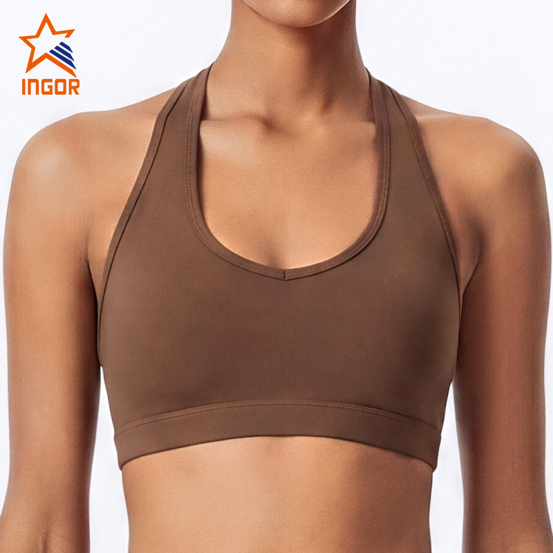 Custom Logo Womens Halter Neck Sports Bra Padded Open Back Yoga Bra Buttery Soft Strappy Workout Bra for Fitness Gym Pilates
