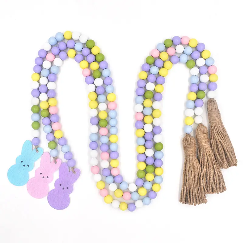 Custom Rustic Farmhouse Beads colorful Wood Bead Garland with Tassels for Gifts Decorations Easter Christmas Home Decoration