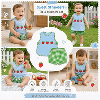 Puresun OEM/DOM Ensemble de bloomers doux brodés en coton 100% à motif fraise, imprimé à carreaux, sans manches, pour garçons de 0 à 3 ans