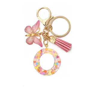 Wholesale Initial Resin Key Rings Big Letter Pink Tassel Butterfly Pendant Keychain For Girls Backpack Purse Handbags