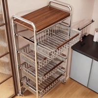 Nouvelle charrette de cuisine pliante en métal de style chinois, à cinq niveaux, multifonctionnelle, pour fruits, légumes et collations, en acier au carbone mobile