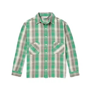 Support Custom Factory Green Plaid Hole Man Fashion Wholesale Flannel Shirt Plaid