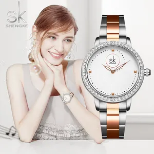 Shengke Rose Gold Relogio Feminino Japanese Quartz Watch For Women Crystal Luxury Black Women's Watch With 6 Months Warranty