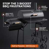 Barbecue fumoir à charbon robuste avec foyer latéral, thermomètre intégré et chariot, idéal pour le camping en extérieur