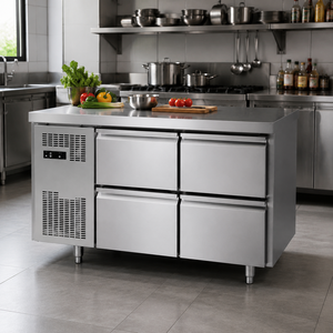 Frigorifero Congelatore Verticale Professionale in Acciaio Inossidabile con <span class=keywords><strong>4</strong></span> <span class=keywords><strong>Cassetti</strong></span> e Piano di Lavoro Sottobanco per Cucina Esterna - Product Image 1