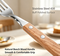 Ensemble de couverts de luxe en acier inoxydable 18/0 avec manche en bois de hêtre, finition poli miroir, couteau à steak et fourchette, style européen, pour restaurant et fête