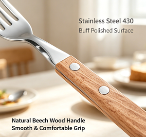 Ensemble de couverts en acier inoxydable 18/0 poli miroir avec manche en bois de hêtre, style européen, couteau à steak et <span class=keywords><strong>fourchette</strong></span> pour restaurant - Product Image 3