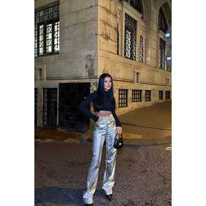 กางเกงขายาวสีเงินเอวสูงสำหรับผู้หญิง สาวๆ เนื้อผ้าทอระบายอากาศได้ดี เอวยางยืด ทรงสวยหวาน ไซส์ XL 3XL สำหรับทำงาน ฤดูร้อน - Product Image 3