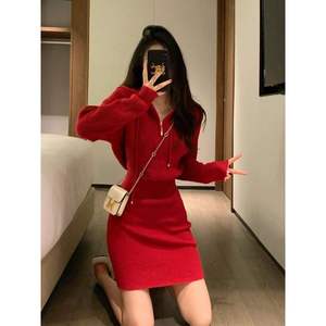 Abito Maglione Vintage Rosso Primaverile con Cappuccio e Mezza Zip, Antistatico, Stile Retrò Elegante per <span class=keywords><strong>Capodanno</strong></span> - Product Image 2