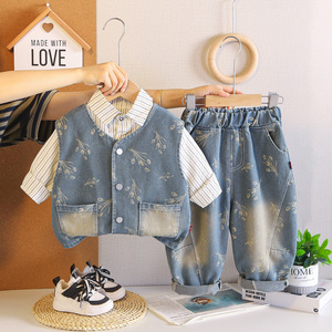 <span class=keywords><strong>Ensemble</strong></span> de veste en jean <span class=keywords><strong>3</strong></span> pièces pour bébé garçon, automne, chemise rayée tendance, jean imprimé pour enfants de 1 an - Product Image 2