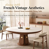 Ensemble de table à manger en pierre frittée de style mid-century, extensible de l'ovale au rond, avec base en bois massif, pour appartement et maison
