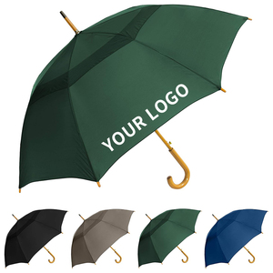 Promotional Popular Fashion Custom Logo Printing J Hook Wooden Handle Windproof Long Straight Stick Umbrella for Men and Women